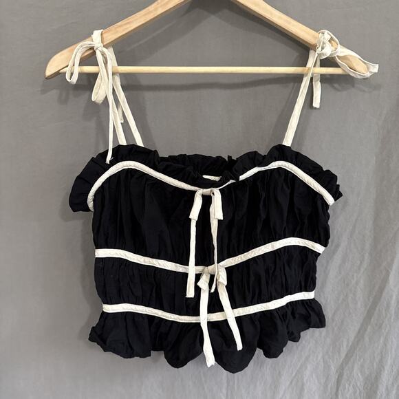 Thirty Thirty LA Crop Top Ruffle‎ Bow Ties Black Cream Coquette Y2K Women's M - Picture 3 of 12